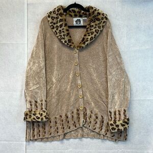 STORYBOOK KNITS Cardigan Sweater Women's 2X Tan Faux Fur Animal Print Trim